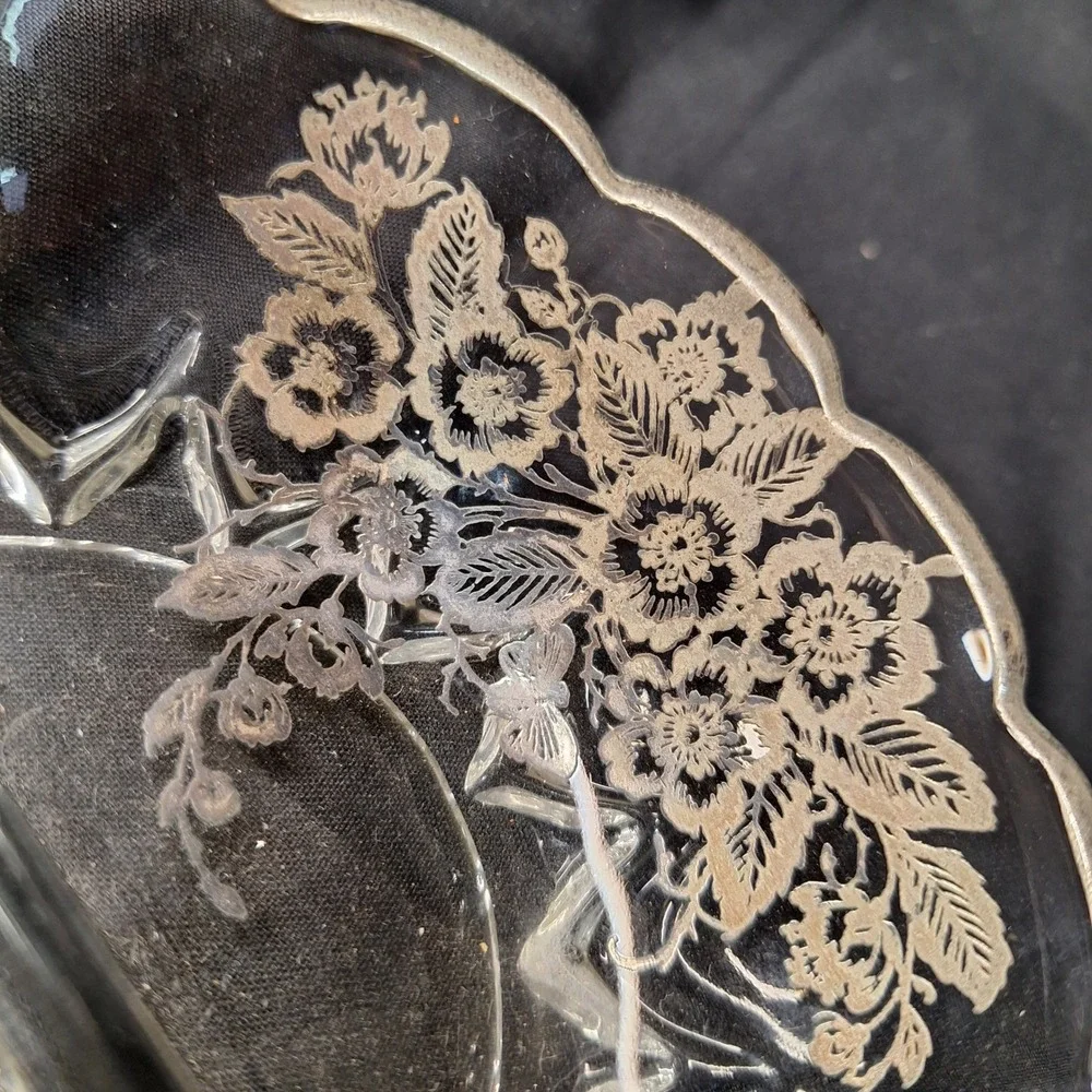 Vintage Silver Overlay Divided‎ Relish Dish Floral Scalloped Candy Bowl 8